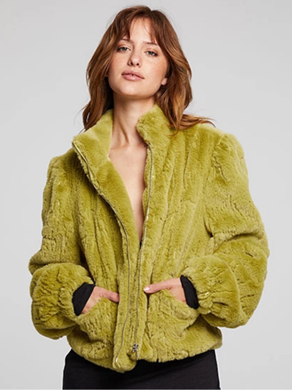 CHASER Sequin Faux Fur Coat | Green Olive Size Small